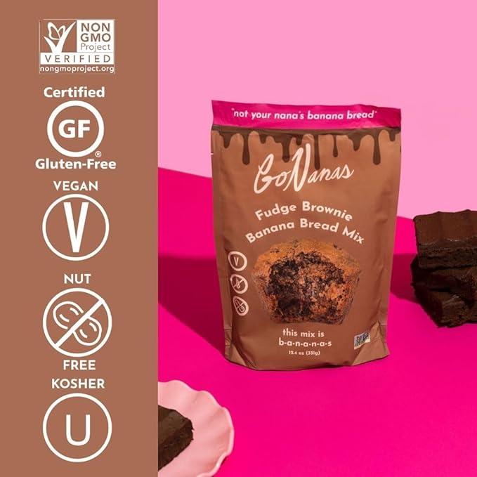 GoNanas Fudge Brownie Oat Flour Banana Bread Mix, Suitable for Plant Based Vegan Diets, Gluten Free Dairy Free Snacks, Healthy Snacks For Adults, Muffin Mix, Nut Free, Cupcakes Dessert, NON-GMO, 4pk