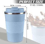 Vacuum-Insulated Stainless Steel Travel Coffee Mug, Leak-Proof Reusable Coffee Cup with Lid - Keep Hot & Cold Drinks for Hours, Durable Thermos Tumbler for Men & Women (3rd-Light Blue, 17OZ)