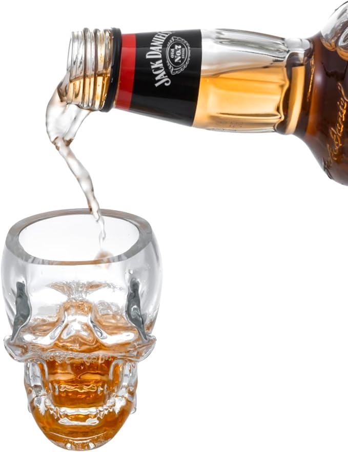 MyGift Set of 6 Skull Shot Glasses – 2.8 oz Clear Glass Novelty Drinkware for Halloween Parties, Cocktail Bars & Home Decor – Spooky 3D Skull Design