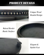 12 Inches Rustic Wooden Decorative Tray, Small Round Beaded Wood Tray for Kitchen Dinning Table Centerpiece Decor Entryway Living Room Home Decor, Black