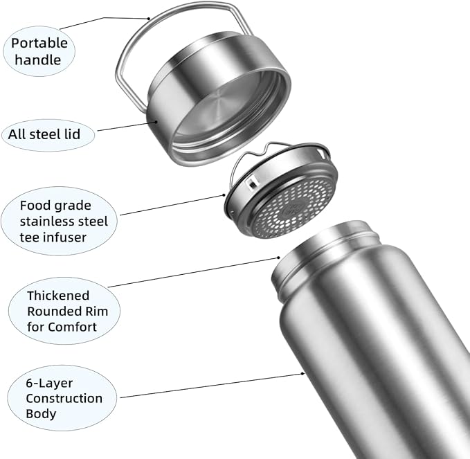Vacuum Insulated Stainless Steel Water Bottle with Tea Infuser - Wide Mouth,BPA-Free, Leak- Proof,Keeps Cold 24H/ Hot 12H- Ideal for Travel,Office, Gym (17oz)