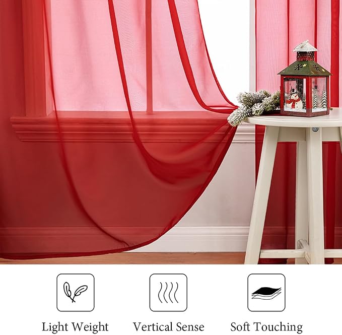 MIULEE 2 Panels Red Sheer Christmas Window Curtains 54 X 108 Inches | Solid - Image 6
