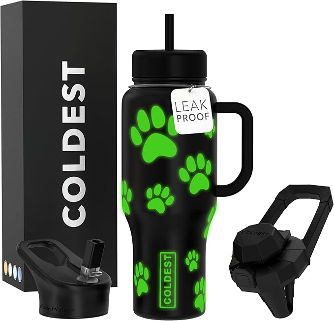 Coldest 40 oz Tumbler with Handle and Straw - 100% Leak Proof Insulated Tumbler with Lid and Straw (3 Lids) - Stainless Steel Tumblers for Women & Men - Cup Holder Friendly Base, 36 oz (Glowie Paws)