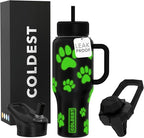 Coldest 40 oz Tumbler with Handle and Straw - 100% Leak Proof Insulated Tumbler with Lid and Straw (3 Lids) - Stainless Steel Tumblers for Women & Men - Cup Holder Friendly Base, 36 oz (Glowie Paws)