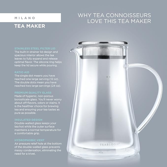 Teabloom Insulated Teapot Keeps Tea Hot – Tea Maker For Two (24 oz) – Double Wall Heatproof Glass Tea Steeper with Stainless Steel Filter Lid for Loose Leaf Tea