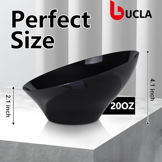bUCLA 12 Pack Black Plastic Serving Bowls - 20 OZ Angled Bowls Disposable for Chip,Candy,Salad and Fruit - Ideal for Wedding, Party & New Year