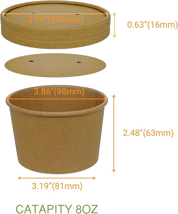 50 SET 8OZ Kraft Paper Soup Cups with Lids Compostable Paper Food Cup with Vented Lid, Disposable Ice Cream Cup, Great For Restaurants, Take Outs, or To-Go Lunch