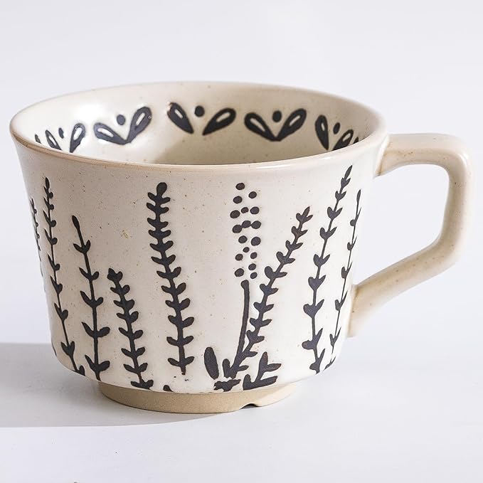 Ceramic Mug with Coffee Spoon Set of 1, 11oz - Vintage Cups Mug for Coffee Milk Latte Cappuccino Tea, Porcelain Cups Dishwasher Microwave Freezer Safe Stoneware 1 PCS Black Leaf Cup