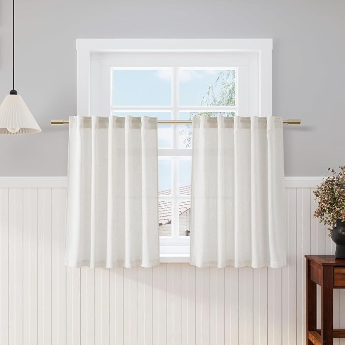 Cafe Linen Curtains 40 Inch Length Cream Privacy Semi Sheer Light Filtering by Nanspring