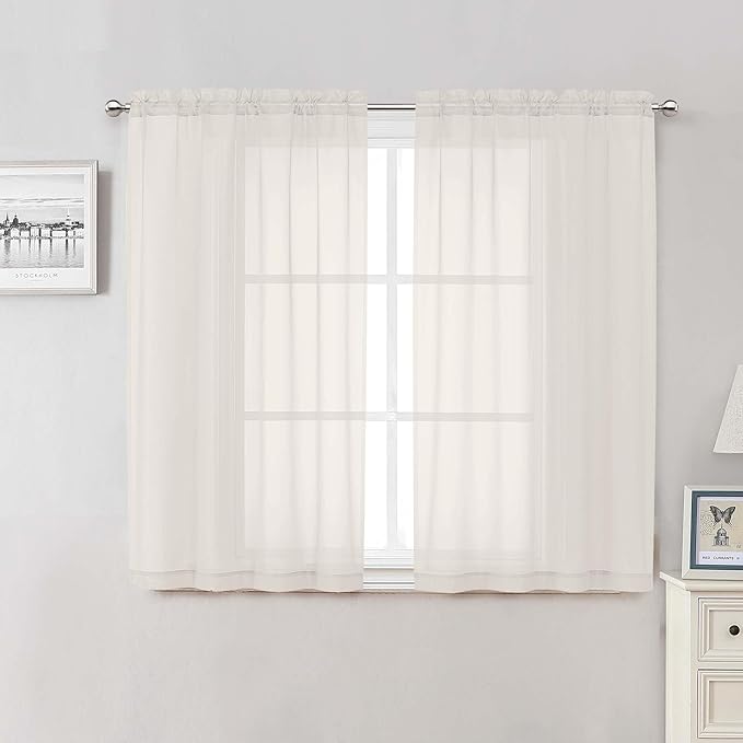 Ivory Sheer Curtains 48 Inch Length 2 Pcs, Rustic Farmhouse Curtains by Lecloud