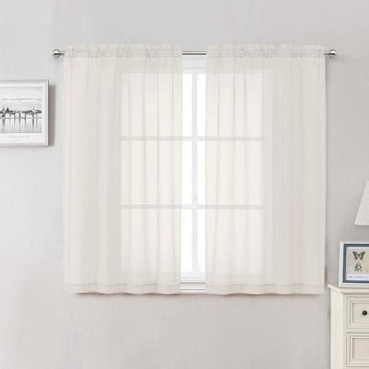 Ivory Sheer Curtains 48 Inch Length 2 Pcs, Rustic Farmhouse Curtains by Lecloud