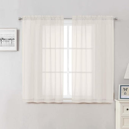 Ivory Sheer Curtains 50 Inch Length 2 Pcs, Rustic Farmhouse Curtains by Lecloud