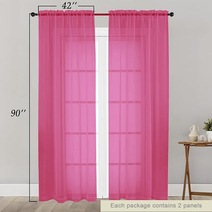 Sheer Hot Pink Curtains for Bedroom Living Room 90 Inches Long 2 Panels Set - Image 2
