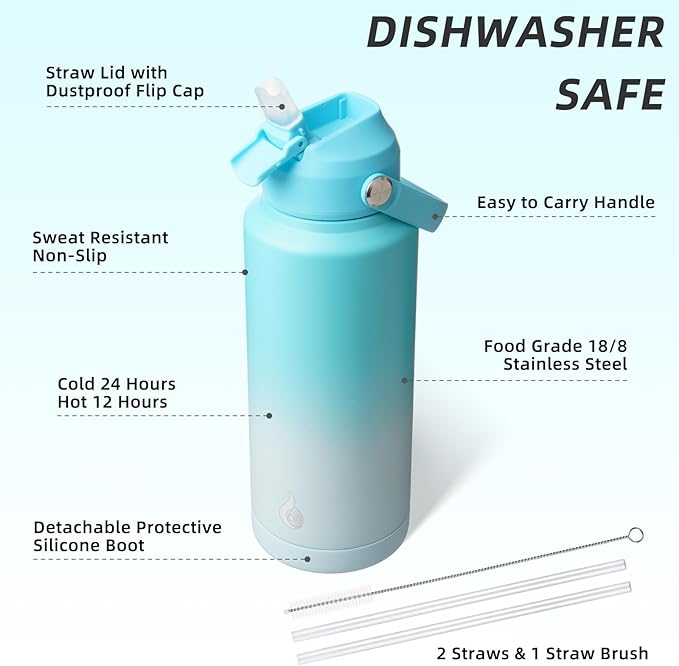BJPKPK Water Bottle with Straw Lid, 32oz Vacuum Insulated Water Bottles, Metal Stainless Steel Thermos for Sports, Travel, BPA Free Leak Proof Thermos, Cups, Flasks, Tumblers,Sea Salt