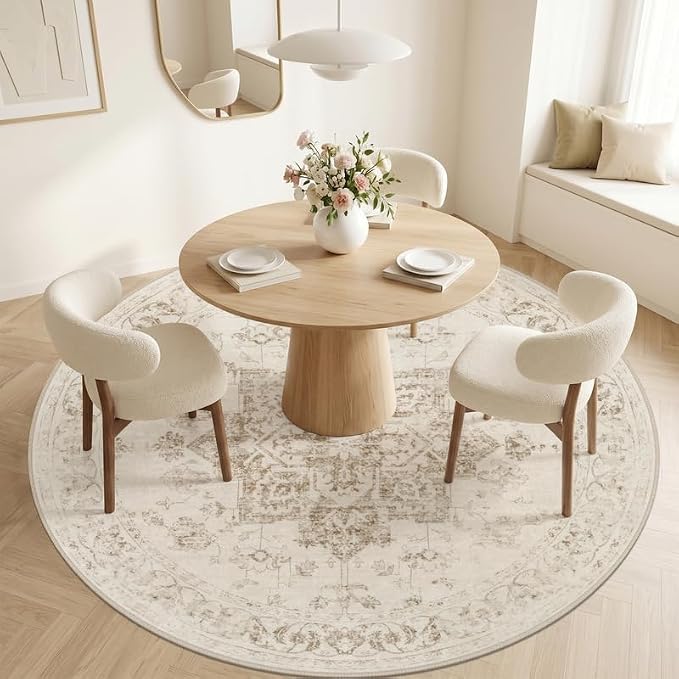 Round Area Rug Living Room: 8ft Washable Carpet Beige/Ivory | Vintage Boho - Image 2