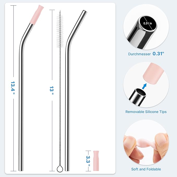 Repeatable Metal Straw with Silicone Tips for 40 oz Stanley Tumbler, 2 Pcs 40 oz Stainless Steel Straws Replacement for Stanley Tumbler, 1 Straw Brush, BPA Free（Light Pink）
