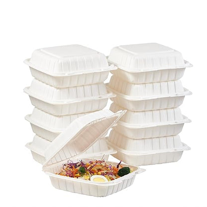 8X8" 1-Compartment 50Pack Plastic Clamshell Take Out Food Containers Heavy-Duty Togo Disposable Lunch Box With Secure Snap Hinged Lid Meal Prep for Parties Restaurants and Food Trucks Microwave Safe