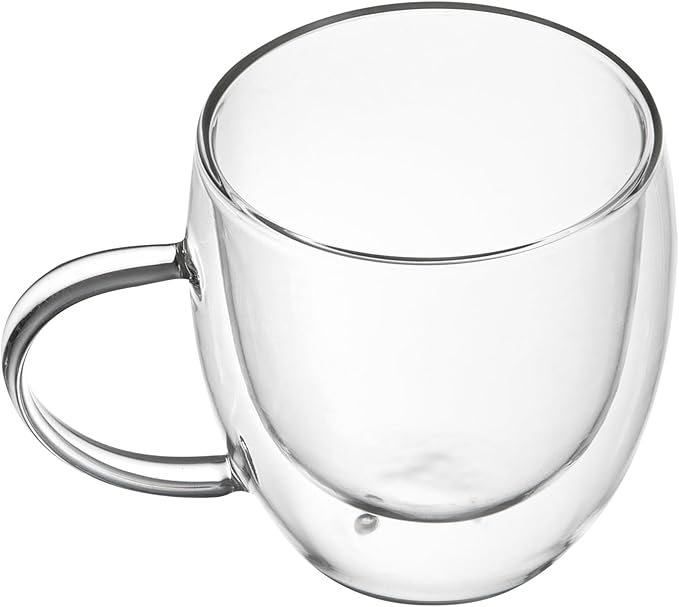 Restaurantware-Forma Professional 8.5 Ounce Glass Coffee Cups, 12 Insulated Coffee Cups With Handle - Dishwashable, Reusable, Clear Double Wall Beverage Tumblers, Freezable, For Hot Or Cold Beverages