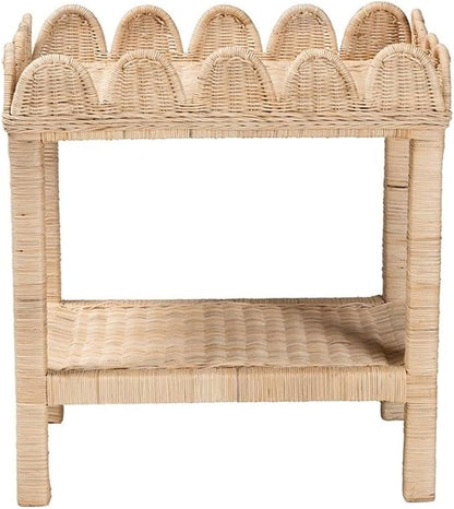 Pemberly Row Bohemian Scallop Side Table, Natural Rattan and Mahogany Wood - Image 4