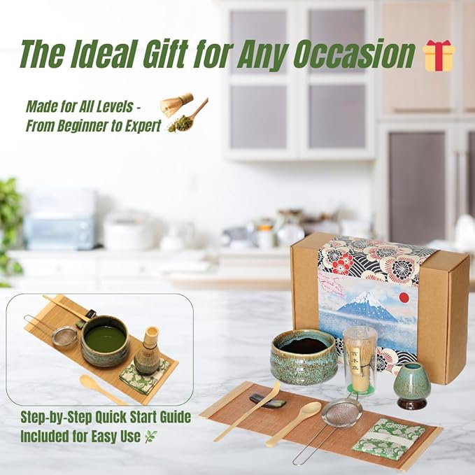 Annie & Mia Design Matcha Whisk Set (9pcs), Japanese Tea Matcha Set includes Ceramic Matcha Bowl, Bamboo Matcha Whisk(chasen), Ceramic Matcha Whisk holder, Bamboo Matcha Scoop (chashaku). Blue color