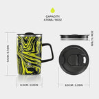 Ideus Vacuum Insulated Coffee Mug, 16oz Reusable Stainless Steel Thermal Double Walled cup with Handle and Slider Lid for Hot & Cold Beverages, BPA Free (Yellow Zebra)