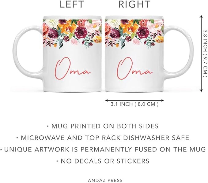 Andaz Press 11oz. Mother's Day Ceramic Coffee Tea Mug Gift, Fall Autumn Burgundy Orange Peach Flowers Roses Florals, Oma, 1-Pack