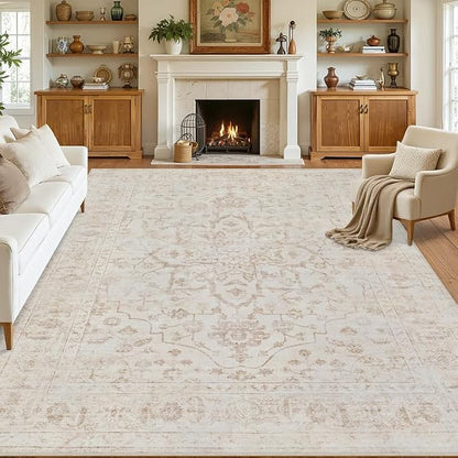 8x10 Area Rugs Living Room: Bedroom Washable Carpet Warm Beige | Vintage Boho by Luxturiy