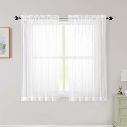 White Sheer Curtains for Bedroom Living Room 45 Inch Length 2 Panels, Soft Airy by WelvetBLK