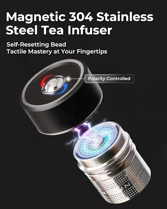 MagnaDrop Tea Tumbler – Double Wall Glass Tea Infuser Cup with Magnetic Steep Control & Bead Switch, Leakproof Travel Mug for Loose Leaf, 12.5oz