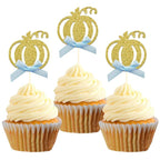 24pcs Pumpkin Cupcake Toppers, Fall Theme Cake Decoration for Baby Shower Party Supplies (Blue Bow)