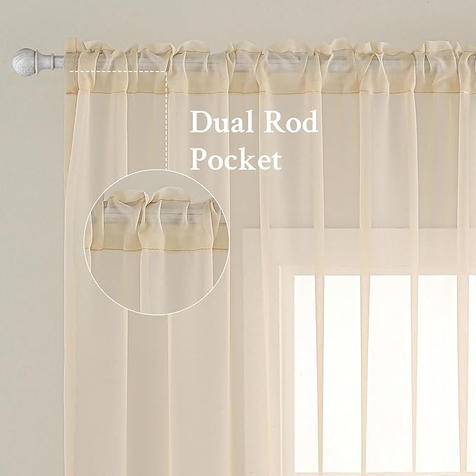 MIULEE 2 Panels Sheer Curtains for Living Room 54 X 54 Inches Cream | Sheer - Image 2