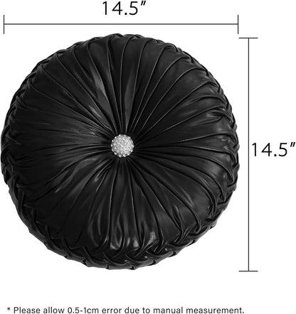 HIG Set of 2 Black Metallic Leather Decorative Round Pleated Throw Pillows | - Image 5