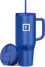 IRON °FLASK Co-Pilot Insulated Mug w/Straw & Flip Cap Lids - Cup Holder Bottle for Hot, Cold Drink - Leak-Proof- Water, Coffee Portable Travel Tumbler - Cobalt Blue Speckle, 40 Oz