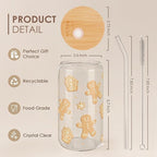 Gingerbread Christmas 16oz Can Glass Tumbler with Bamboo Lid & Straw - Iced Coffee Cup for Women Girls, Aesthetic Cups Gifts for Xmas