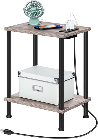 HOOBRO Side Table with Charging Station, Nightstand with 2-Layer Storage Shelves - Image 6