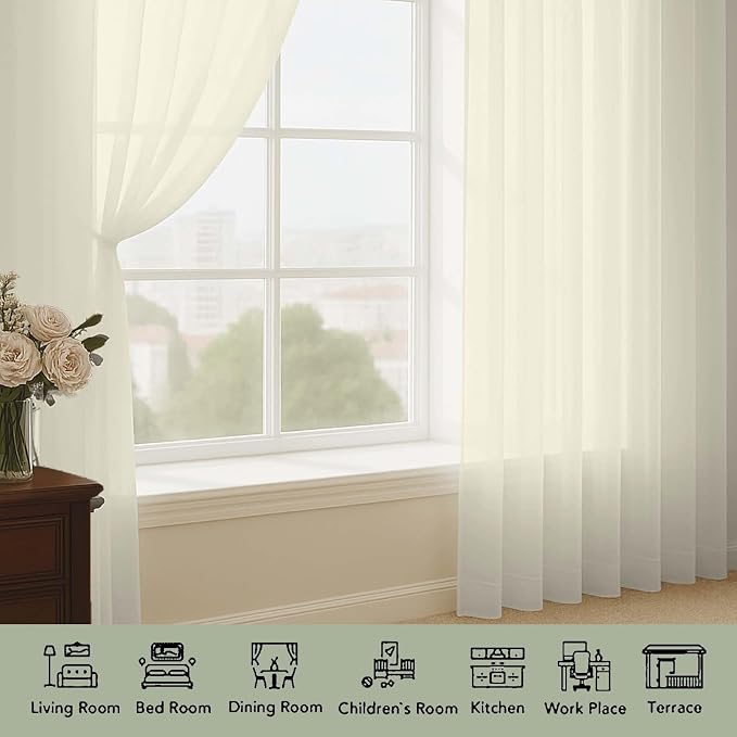 Sheer Curtains 84 Inches Long 2 Panels Set, Sheer Cream Curtains - Image 3