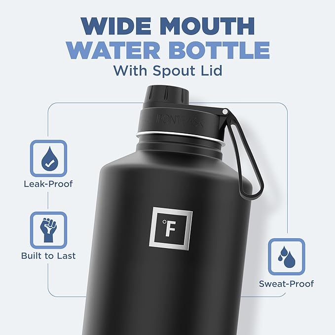 IRON °FLASK Camping & Hiking Hydration Flask with 3 Lids - Stainless Steel, Double Walled & Vacuum Insulated Water Bottle - Leak Proof & BPA Free (Sky, Spout - 64 oz)