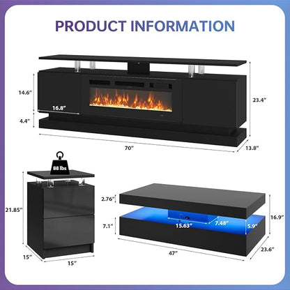 4-Piece Modern Living Room Table Set, Includes High Gloss 70" Fireplace TV Stand - Image 3