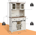AMERLIFE 72" Coffee Wine Bar Cabinet with Sliding Barn Door, Farmhouse Kitchen Sideboard, Buffet Storage Table, 3 Drawers, LED Lights, Tall Hutch Home Bar for Dining Room, White