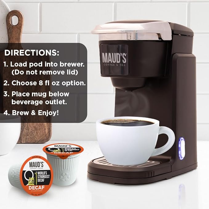Maud's World's Strongest Decaf Coffee Pods, 18 ct, Decaffeinated Dark Roast Coffee in Recyclable Single Serve Pods – 100% Arabica Coffee, Compatible with Keurig K Cups Maker