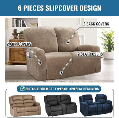 H.VERSAILTEX Velvet Stretch Recliner Couch Covers 6-Pieces Recliner Loveseat - Image 2
