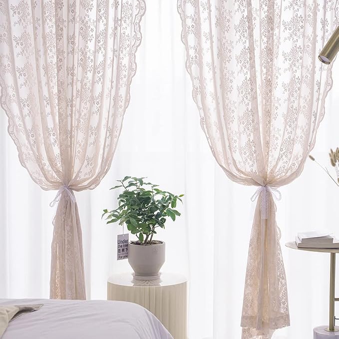 YJ YANJUN Vintage Lace Curtains 84 Inches Long-Victorian Floral Dusty Pink - Image 4