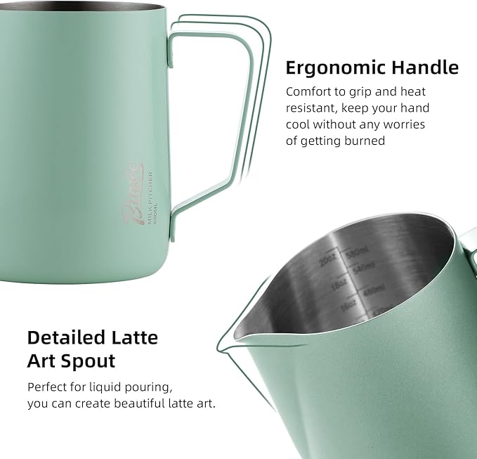 Milk Frothing Pitcher -350ml/12oz Milk Frother Cup Espresso Steaming Pitcher for Barista, Bincoo SUS304 Stainless Steel Espresso Steaming Pitchers for Latte Art/Cappuccino/Coffee (Green-350ml)