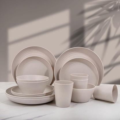 LIYH 48 Pcs Beige Plastic Wheat Straw Dinnerware Set - Reusable Plates and Bowls Sets,Unbreakable Plates Dishes Bowl Cup Outdoor Camper Dish Set for 12