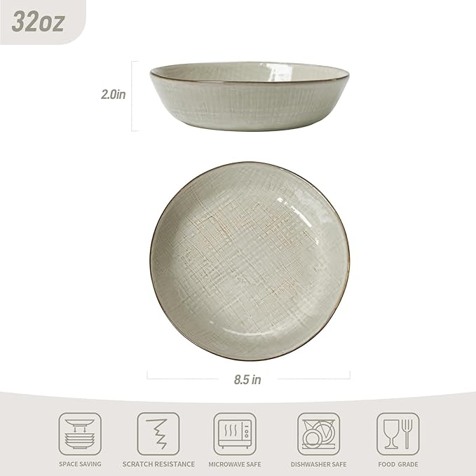 famiware Moonlight 8.5 Inch Pasta Bowls Set of 4, 32oz Serving Bowls for Kitchen, Soup Bowl with Linen Finish, Large Stoneware Bowls for Festivals, Housewarming, Dinnerware, Summer Sand