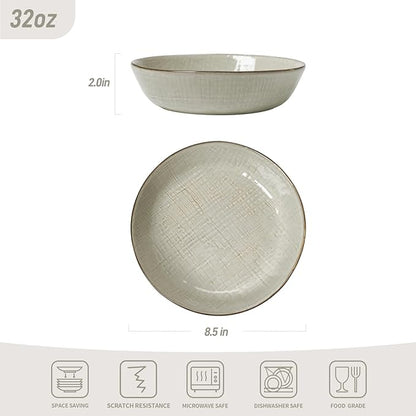 famiware Moonlight 8.5 Inch Pasta Bowls Set of 4, 32oz Serving Bowls for Kitchen, Soup Bowl with Linen Finish, Large Stoneware Bowls for Festivals, Housewarming, Dinnerware, Summer Sand