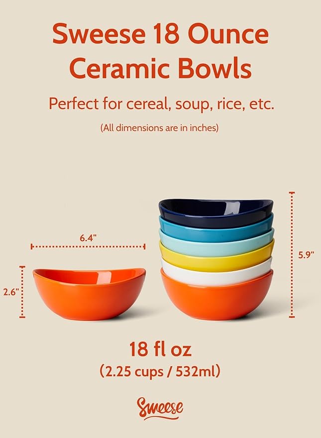 Sweese 18 oz Medium Porcelain Bowl - Set of 6 Rainbow Colored Cereal, Dessert, Soup, Rice & Salad Bowls, Ceramic Serving Bowls