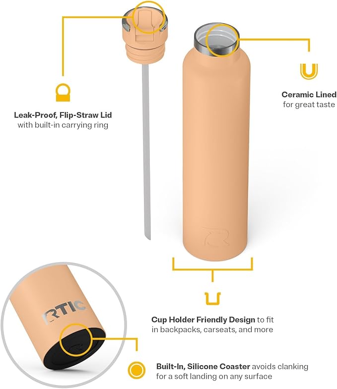 RTIC 26oz Journey Bottle Metal Stainless Steel Vacuum Insulated, BPA Free, Reusable, for Water, Hot and Cold Drinks, Travel, Sports, Camping, Peach Tea