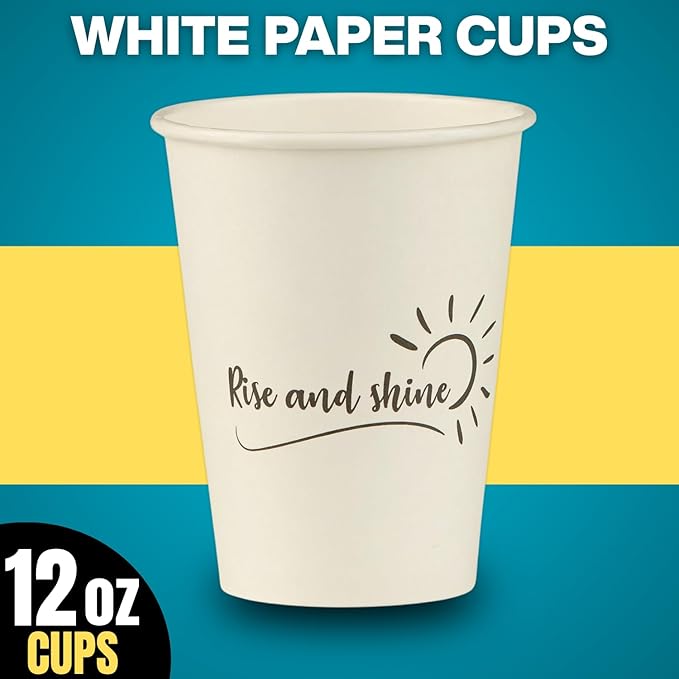 Smygoods Disposable Coffee Cups, To Go Paper Hot Cups, Rise and Shine Design (12 OZ, 50 Count) For Hot Beverages, Coffee, Tea, Espresso, Cocoa - Vasos Para Cafe