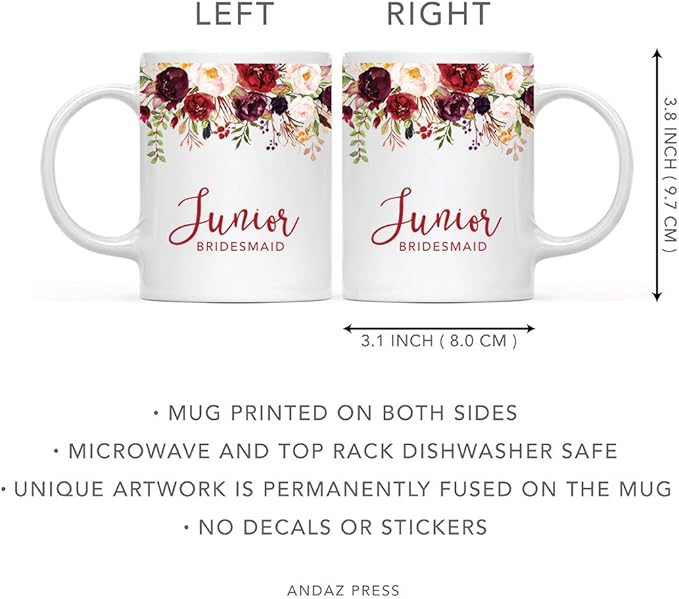 Andaz Press 11oz. Wedding Ceramic Coffee Tea Mug Gift, Fall Autumn Marsala Burgundy Flowers Roses Florals, Junior Bridesmaid, 1-Pack, Includes Gift Box